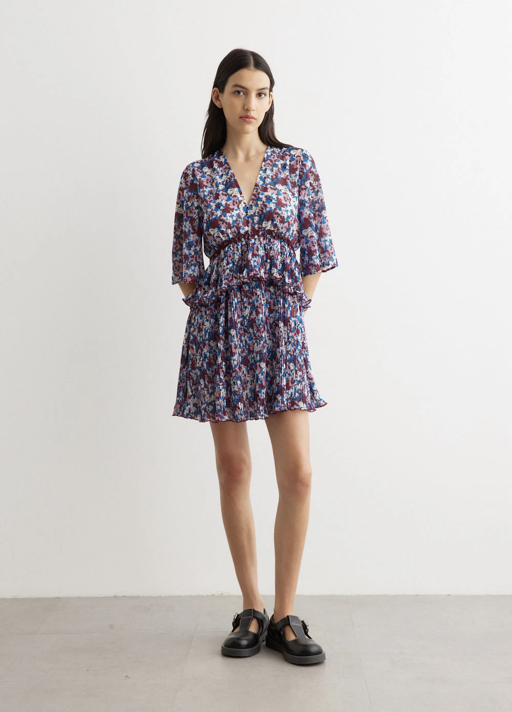 Ganni Pleated Georgette V-Neck Flounce Mini Dress 1 Ganni Pleated Georgette V-Neck Flounce Mini Dress