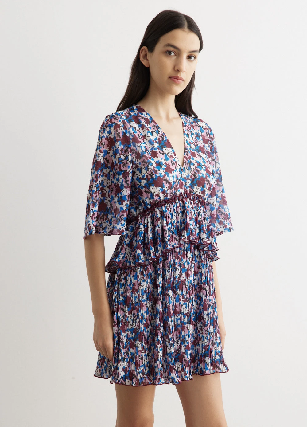 Ganni Pleated Georgette V-Neck Flounce Mini Dress 4 Ganni Pleated Georgette V-Neck Flounce Mini Dress - Image 4