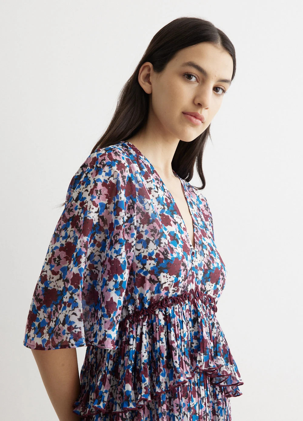 Ganni Pleated Georgette V-Neck Flounce Mini Dress 2 Ganni Pleated Georgette V-Neck Flounce Mini Dress - Image 2