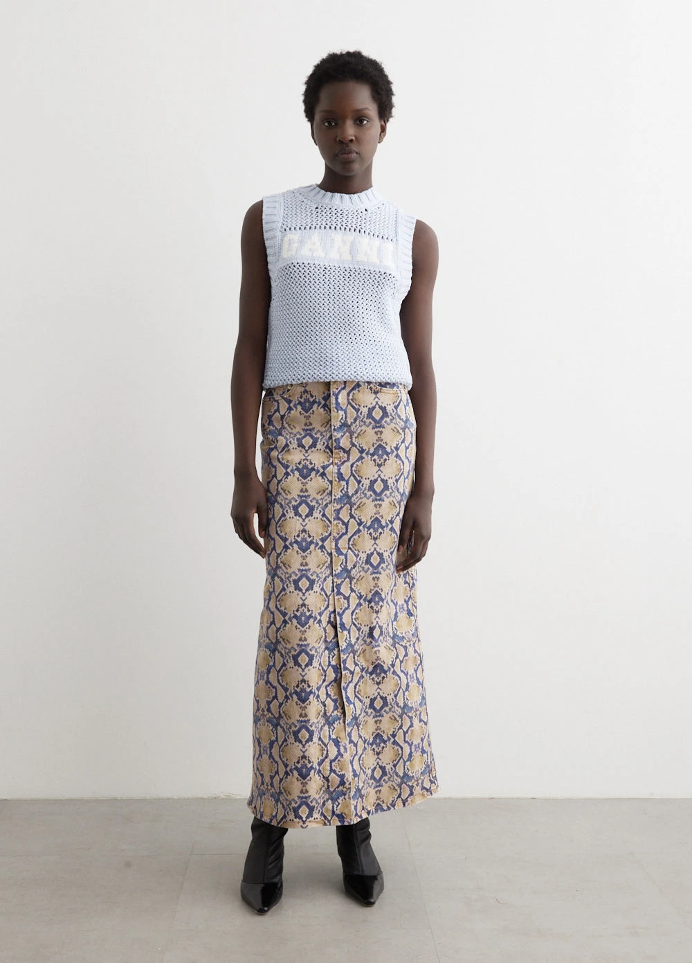 Ganni Print Denim Maxi Slit Skirt 1 Ganni Print Denim Maxi Slit Skirt