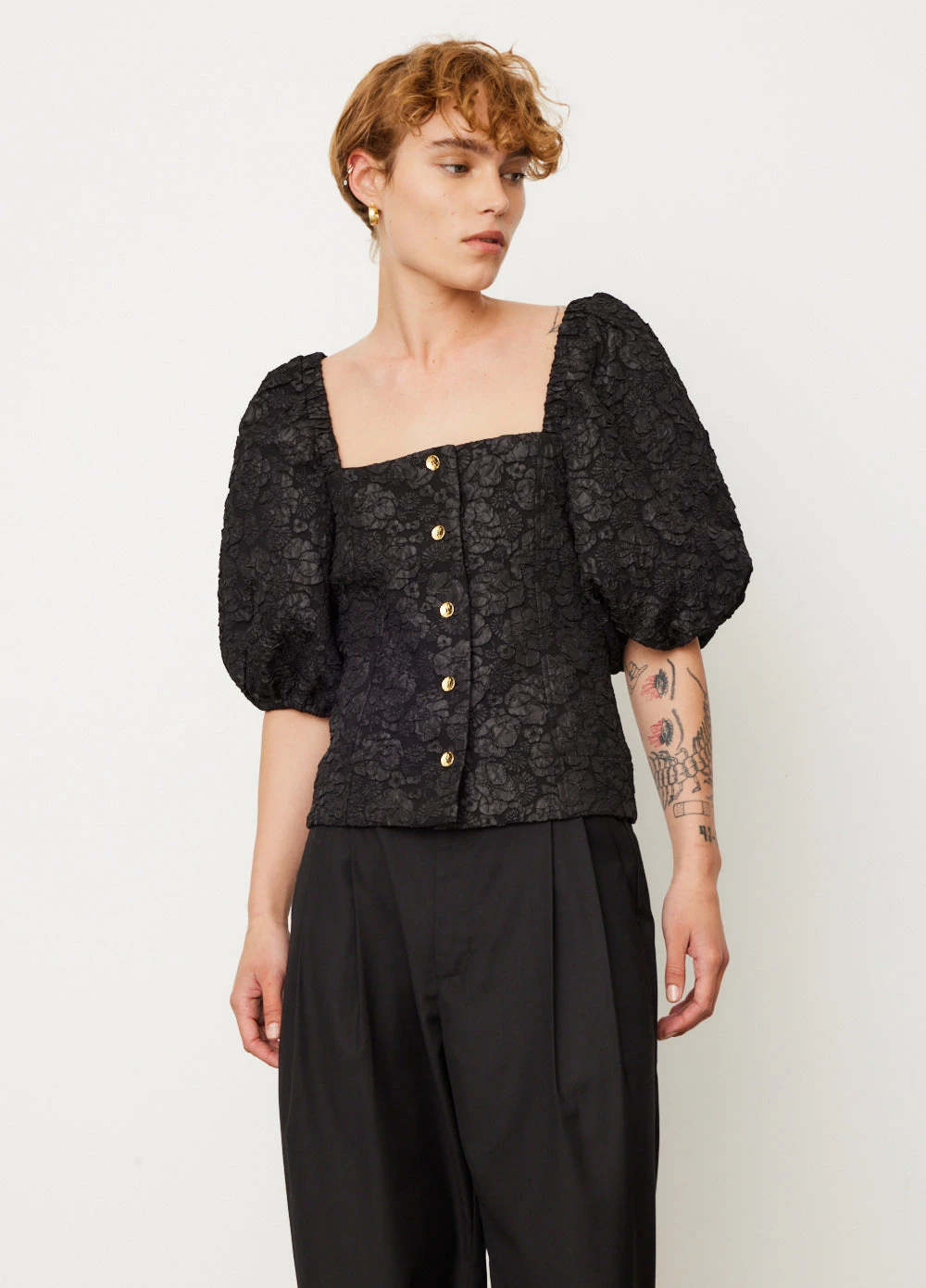 Ganni Stretch Jacquard Fitted Blouse 1 Ganni Stretch Jacquard Fitted Blouse