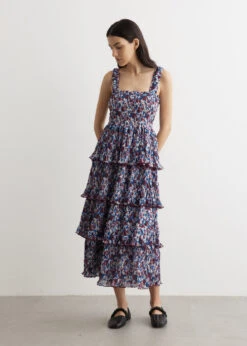 Ganni Pleated Georgette Flounce Smock Midi Dress