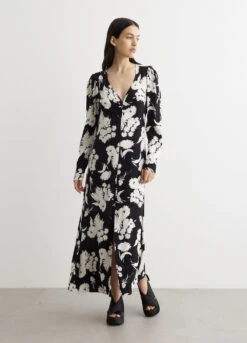 Ganni Printed Crepe V-Neck Dress