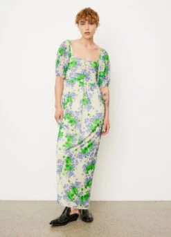 Ganni Printed Mesh Puff Sleeves Long Dress