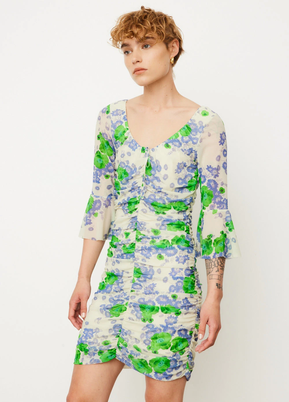 Ganni Printed Mesh Ruched Mini Dress 5 Ganni Printed Mesh Ruched Mini Dress - Image 5