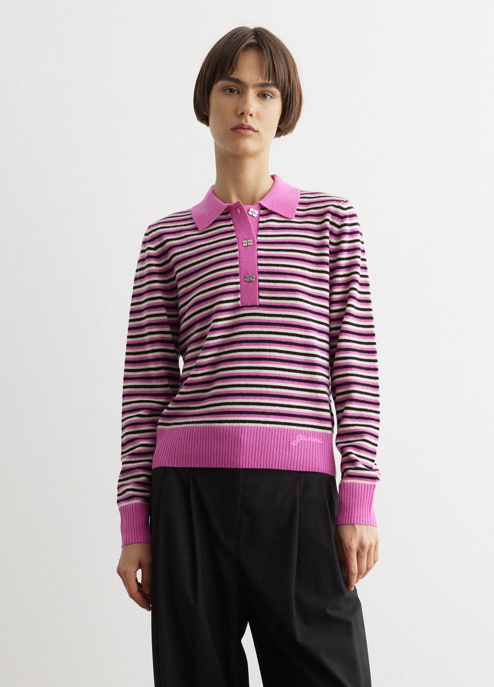 Ganni Cashmere Mix Long Sleeve Polo 1 Ganni Cashmere Mix Long Sleeve Polo