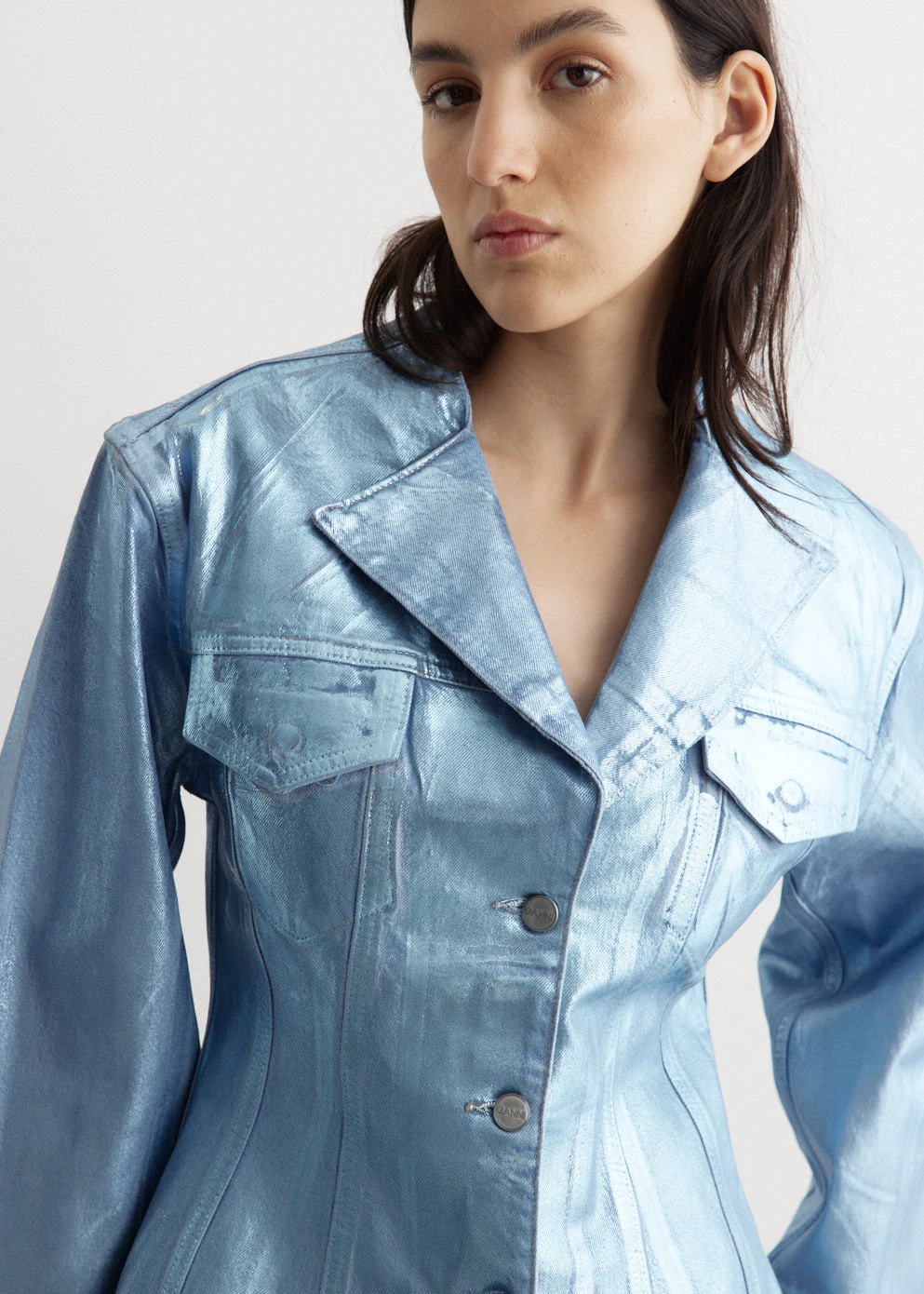 Ganni Foil Denim Fitted Blazer 2 Ganni Foil Denim Fitted Blazer - Image 2