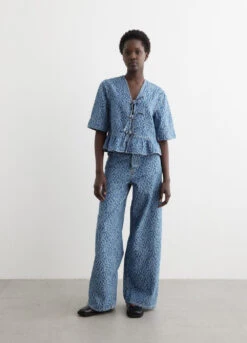 Ganni Jacquard Denim Flounce Tie Blouse