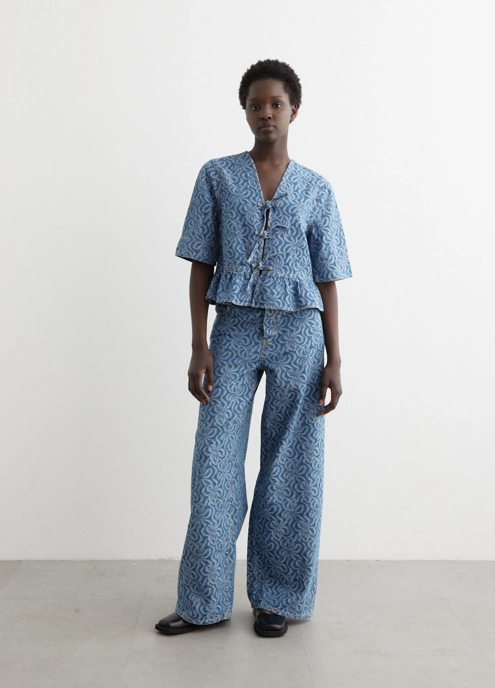 Ganni Jacquard Denim Flounce Tie Blouse 1 Ganni Jacquard Denim Flounce Tie Blouse