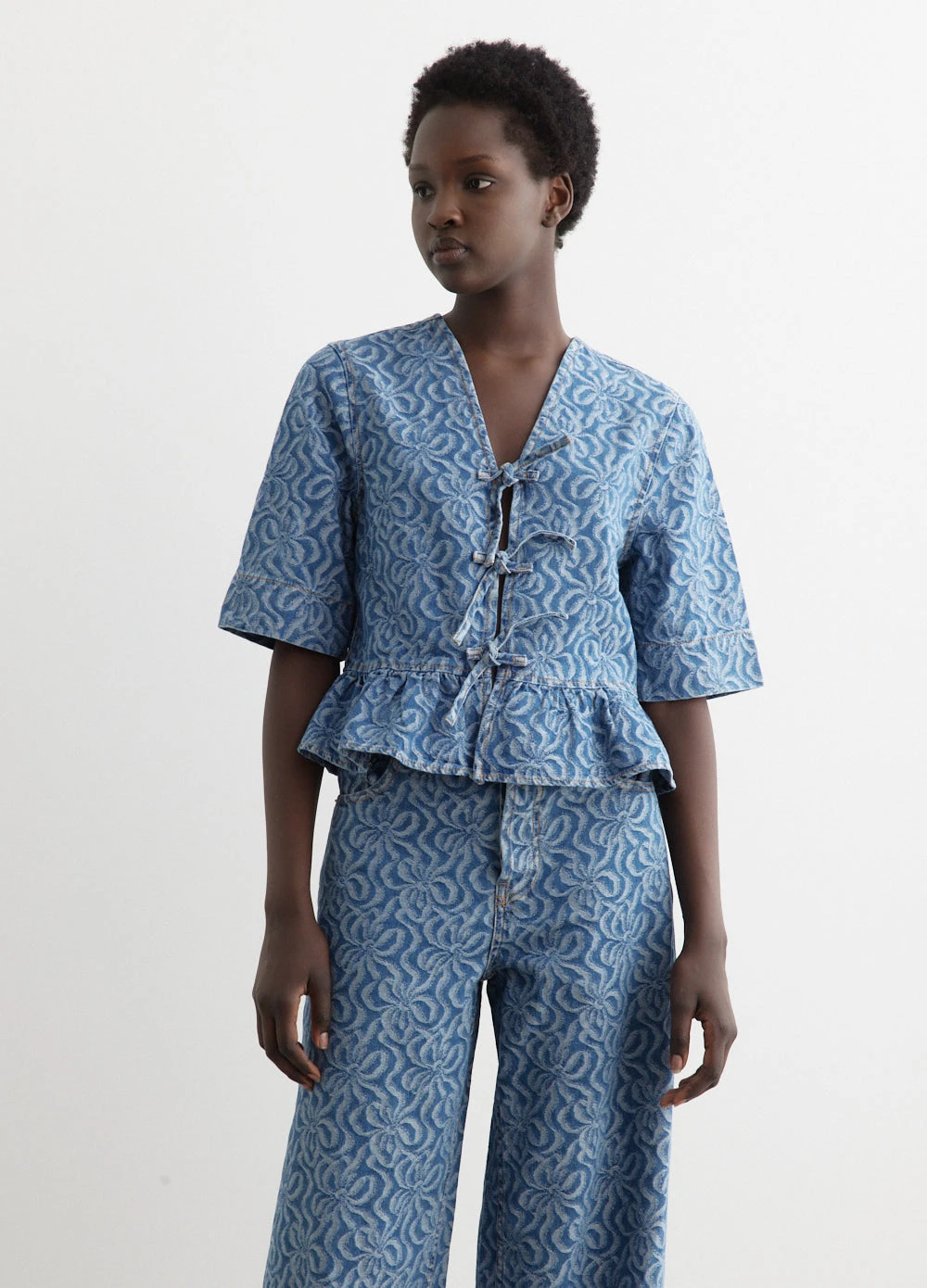 Ganni Jacquard Denim Flounce Tie Blouse 3 Ganni Jacquard Denim Flounce Tie Blouse - Image 3