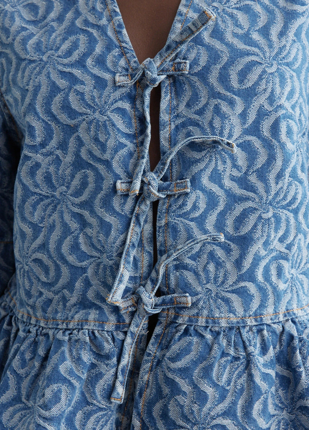 Ganni Jacquard Denim Flounce Tie Blouse 2 Ganni Jacquard Denim Flounce Tie Blouse - Image 2