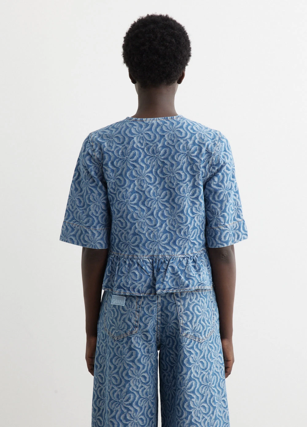Ganni Jacquard Denim Flounce Tie Blouse 5 Ganni Jacquard Denim Flounce Tie Blouse - Image 5