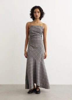 Ganni Check Mix Ruched Long Slip Dress