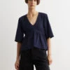 Ganni Stretch Seersucker V-Neck Peplum Blouse