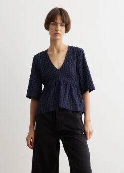Ganni Stretch Seersucker V-Neck Peplum Blouse