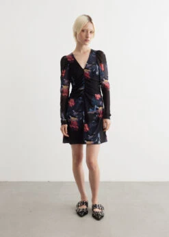 Ganni Printed Mesh Gathered Mini Dress