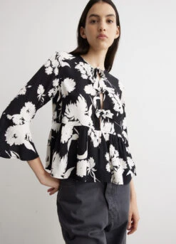 Ganni Printed Crepe Peplum Blouse
